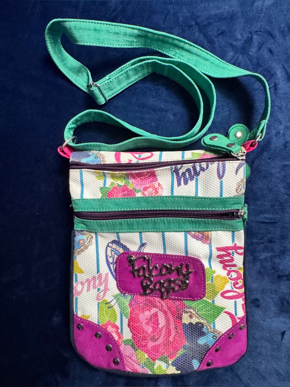 Falcony Bags Colorful Floral Rose Crossbody Purse Canvas Teal Pink NWOT